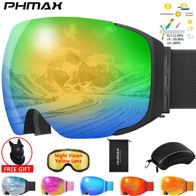 

Зимние лыжные очки PHMAX, магнитные очки для сноуборда, линзы ночного видения, лыжные очки, двухслойные противотуманные очки для снегохода