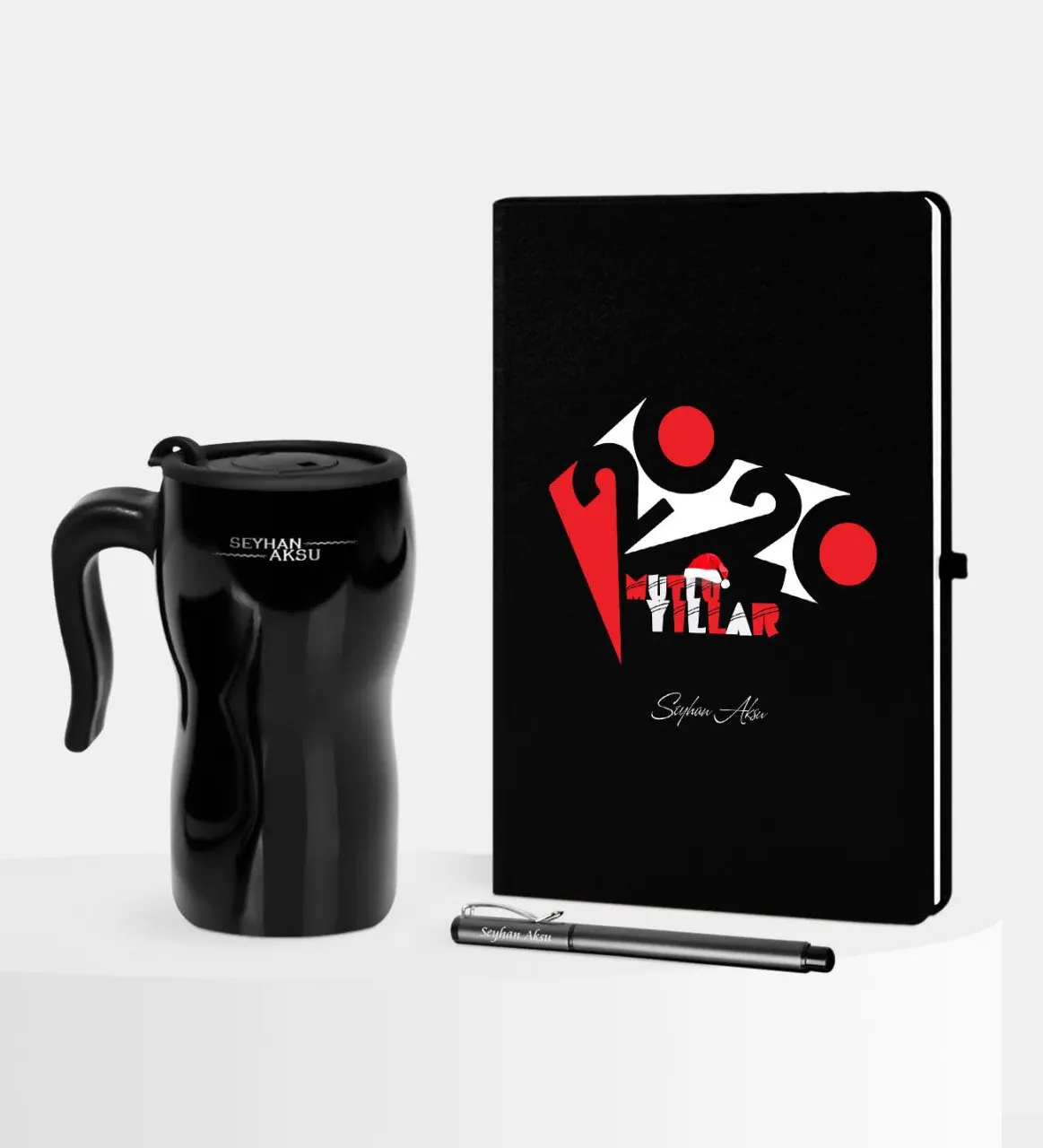 

Personalized Christmas 2020 Happy birthday Themed Black Notebook Pen Thermos Mug Set-3