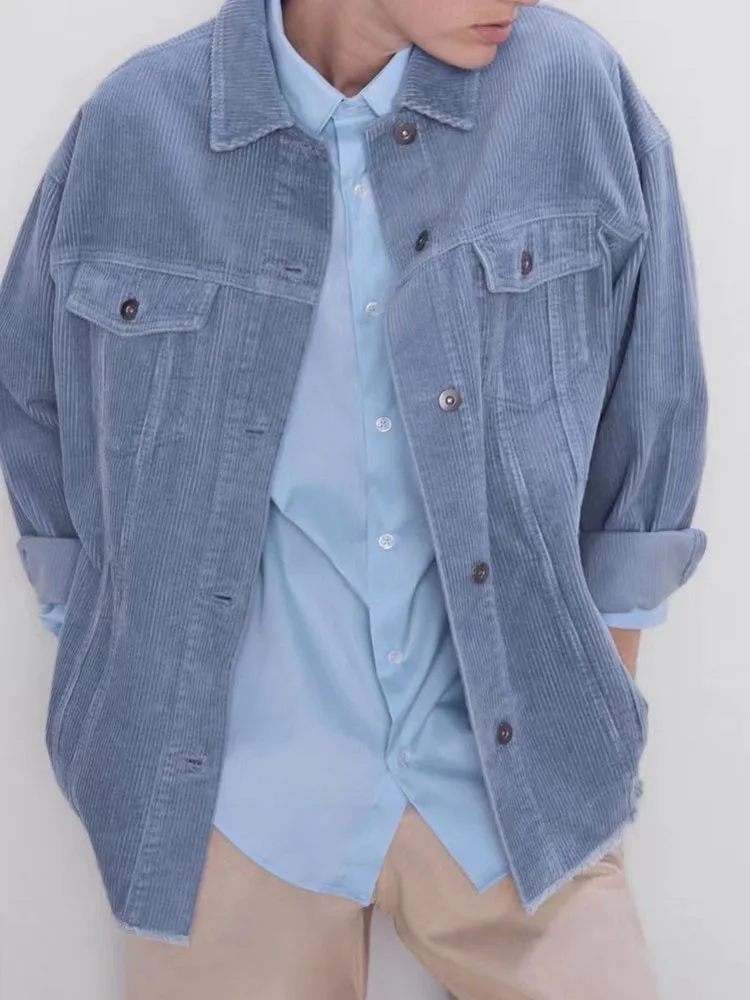 

autumn women's simple and versatile retro lapel long-sleeved pocket decorated with corduroy texture loose shirt jacket jacket