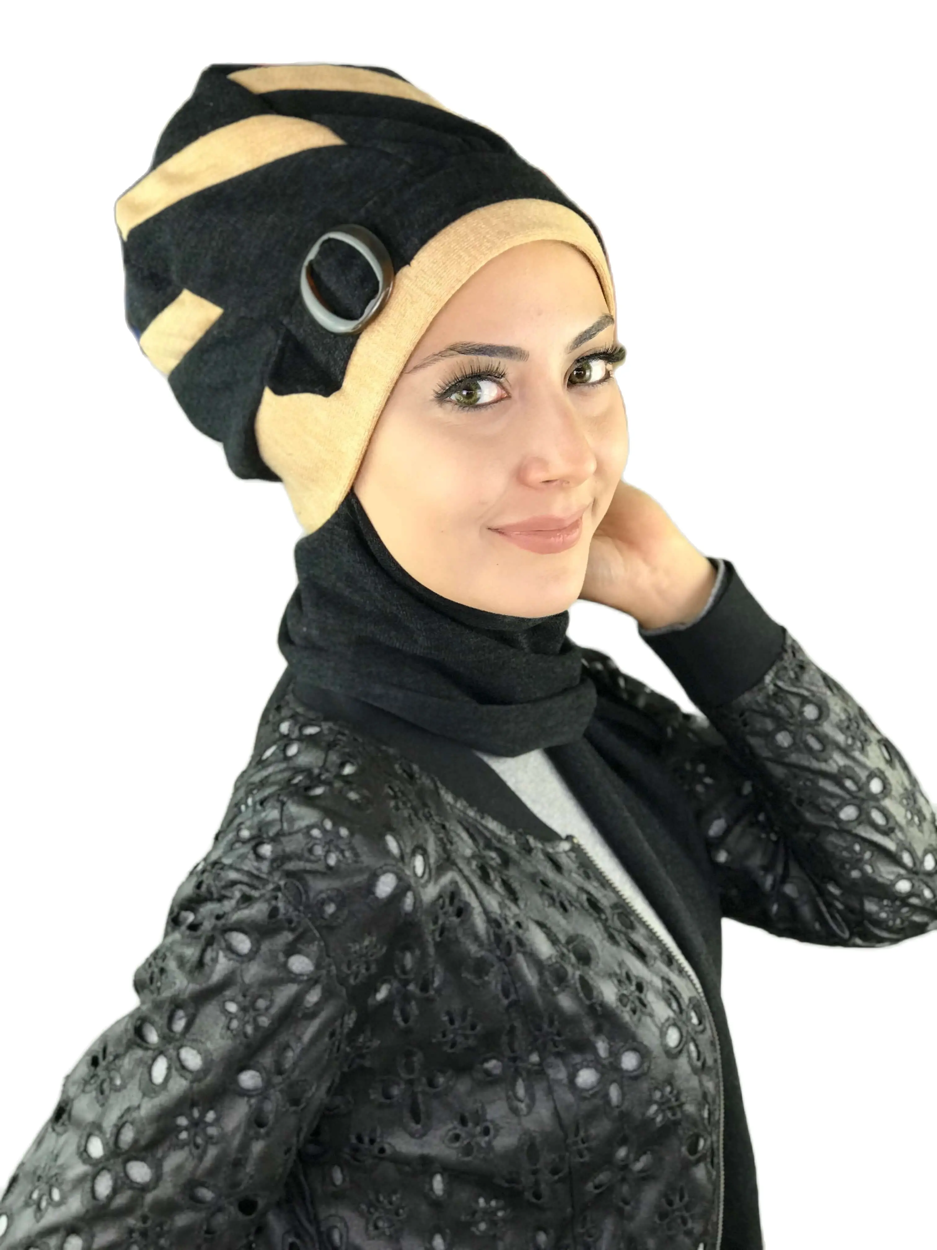2022 Hijab New Fashion Women's Ladies Bone Winter Chiffon Chemo Cancer Head Hat Shawl BlackDark Yellow Buckle Stripe Scarf Beret