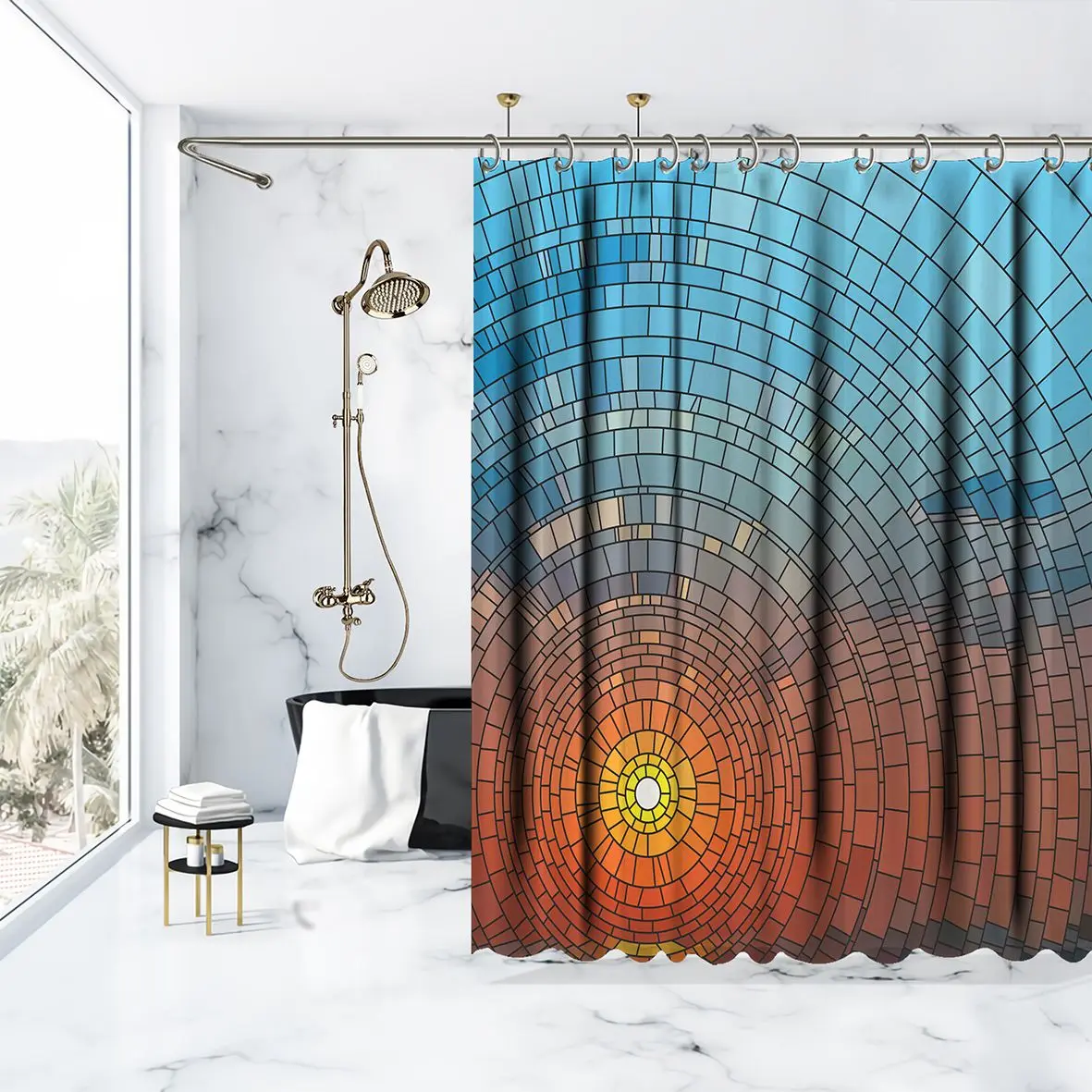 Занавеска для душа витражное окно с морским пляжем закат небо облаками мозаика