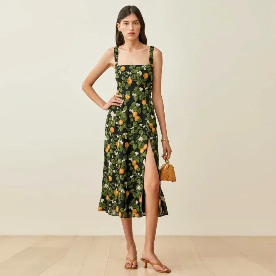 

2022 Summer New Chic Lemon Print Green Tank Midi Dress Retro Side Split Dresses Vintage Tube Top Sexy Dress