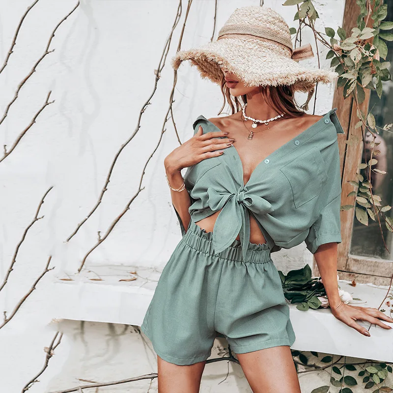 

DUYIT Solid Color Lapel Short-Sleeved Shirt Shorts Two-Piece Spring And Summer New Fashion Women's Casual Suit