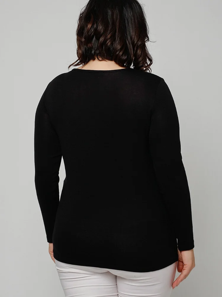 Женская черная блузка большого размера с круглым вырезом и длинным рукавом