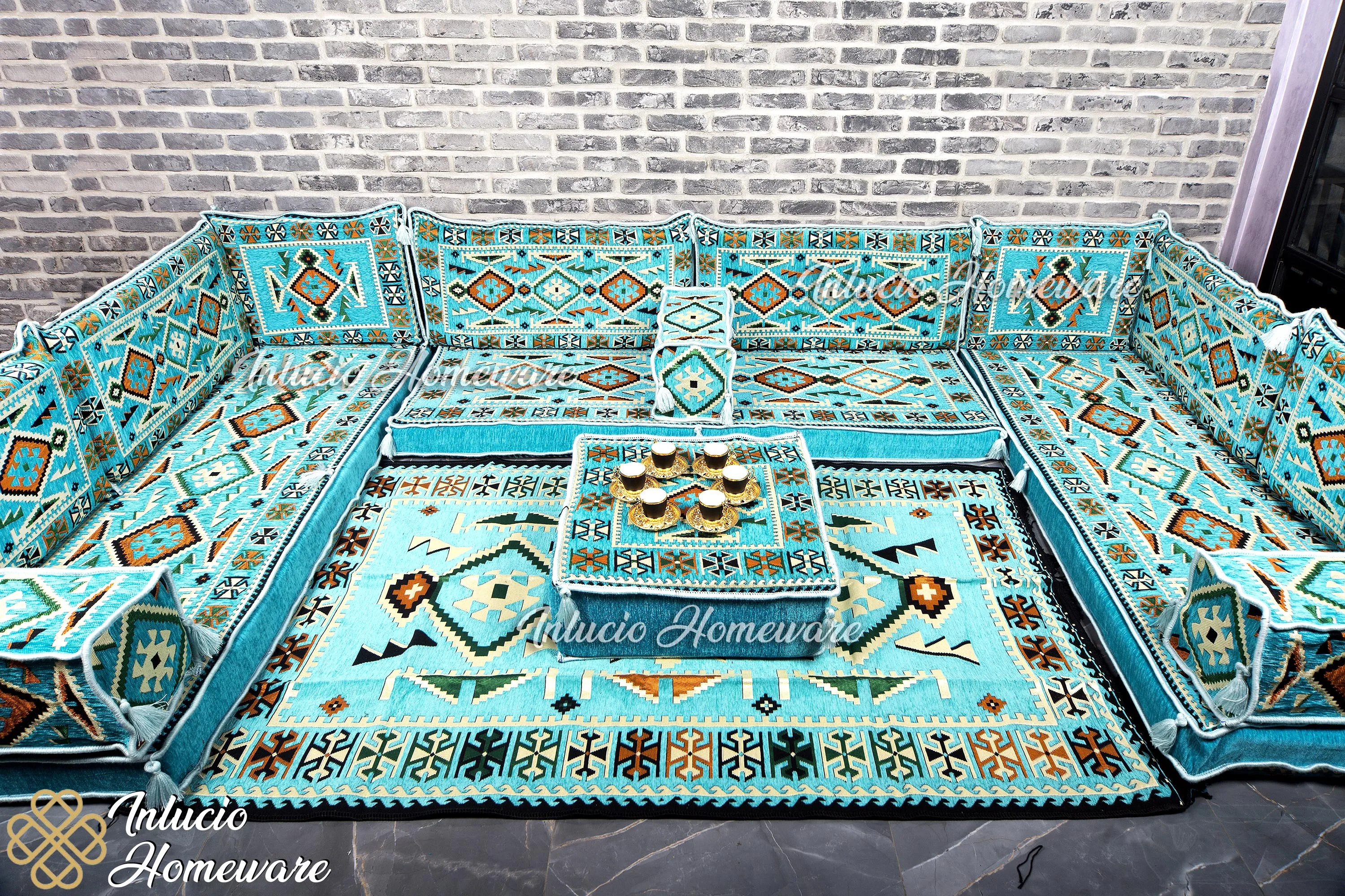 

Arabic Majlis Set Arabic Jalsa Japanese Sofa U Shaped Floor Cushion Turquoise Traditional Pillow Set Carpet Ottoman Furniture