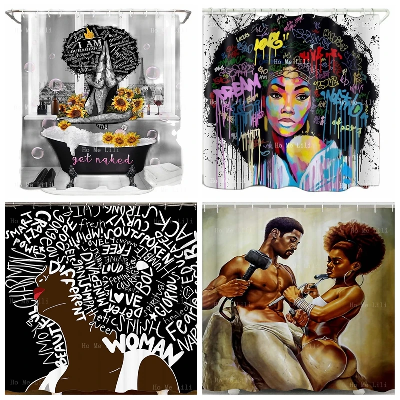 

African American Women Couple Lover Sculpture Sunflower Design Ethnic Art Afro Quote Hair Shower Curtain Bathroom Decor