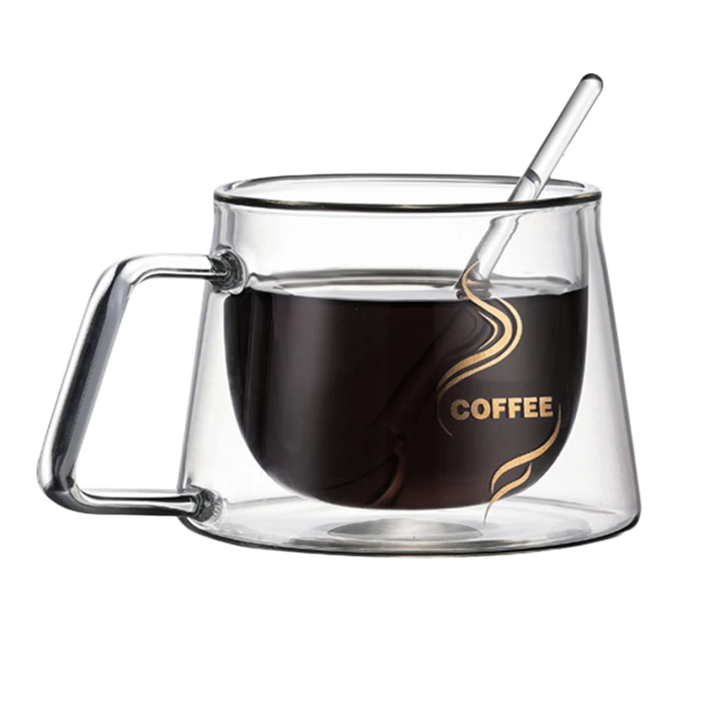 

Double Layer Glass Coffee Cup with Mixing Spoon 200ml 6.7oz Heat-resistant Durable Transparent Clear Coffee Cup Creative Gift