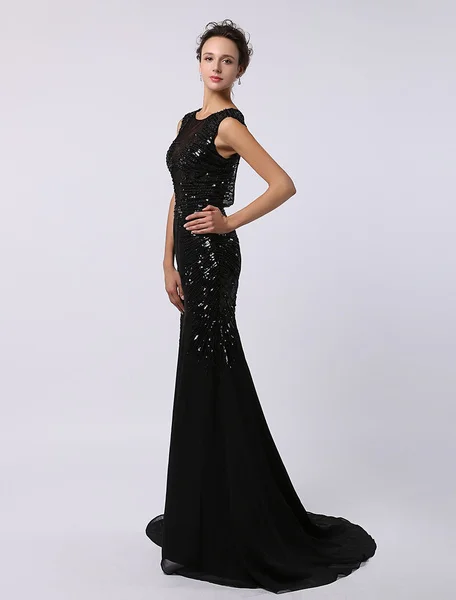 Black Sequined Dress with Look Through Bodice Keyhole Back and subtle Train mermaid Evening Dress 2020