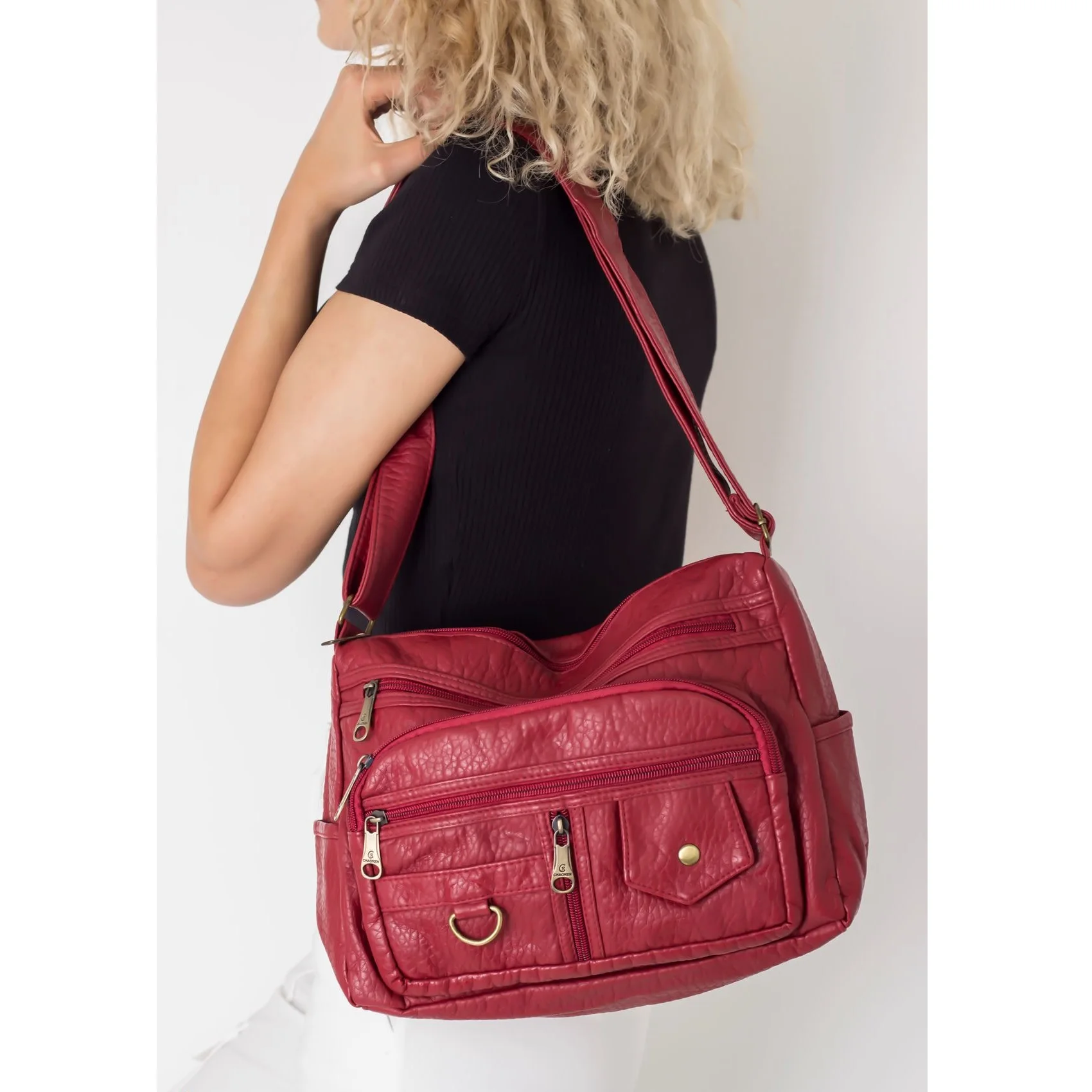 

Red Color Fashion Trend Women Lady PU Leather Quality Zippered Fabric Casual Tote Top Handle and Shoulder Bag