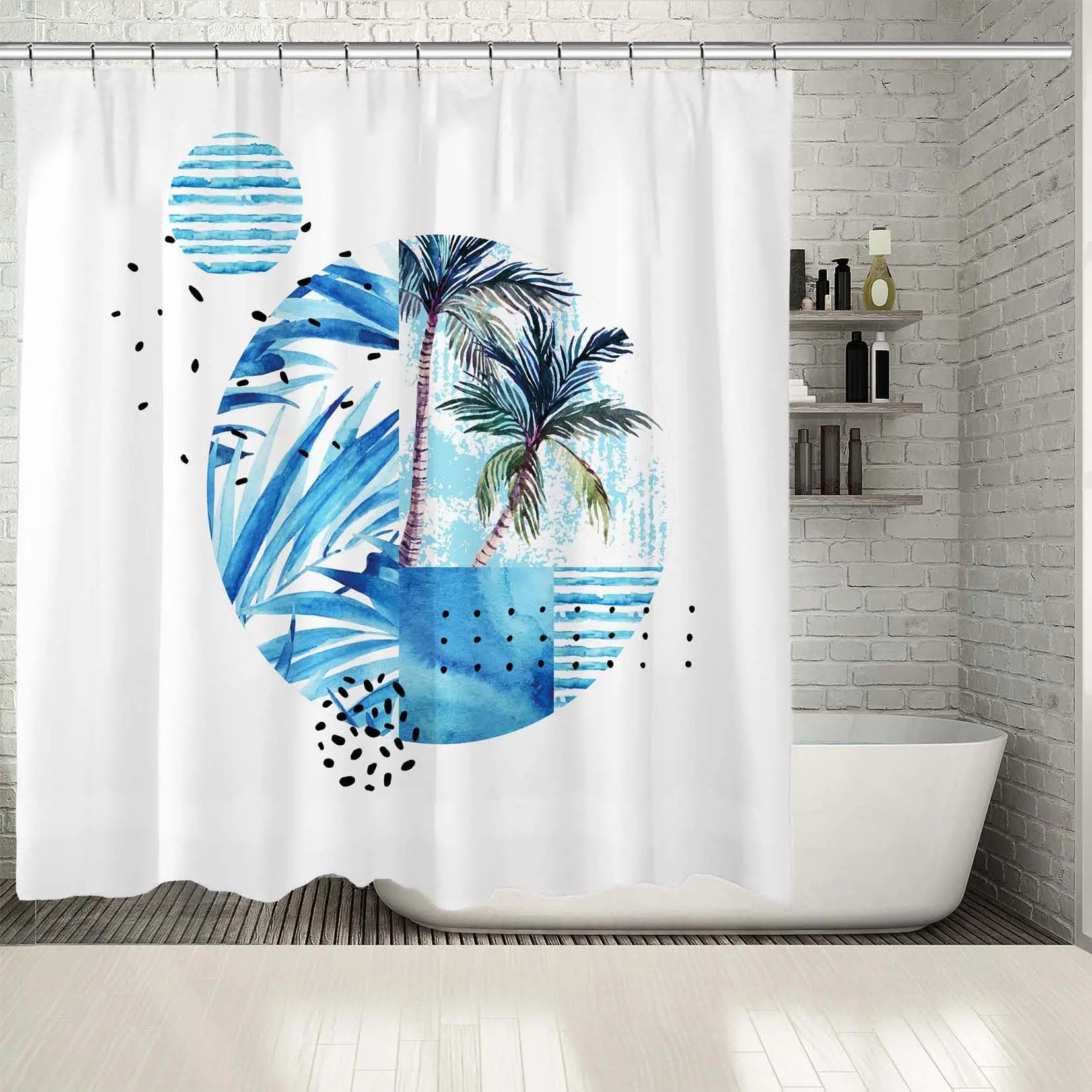 

Shower Curtain Tropical Palm Trees Leaves Sea and Geometric Shapes Floral Watercolor Artwork Blue Green White