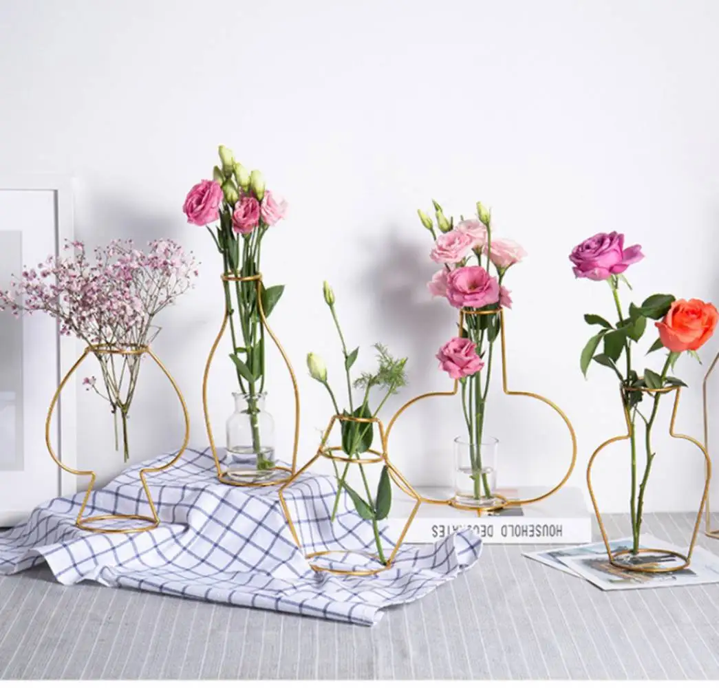 

Gold Retro Iron Line Table Flower Vases With Water Imitation Home Decor Nordic Room Decoration Metal Plant Holder Flower Pot