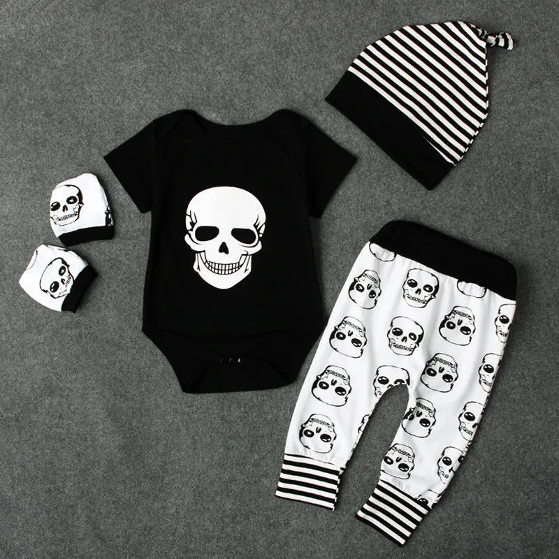 CANIS 2022 New 4pcs Set Newborn Kids Baby Boy Skull Outfits Clothes Tops+Long Pants Hat Fashion High Quality Hot Sale CANIS 2022 New 4pcs Set Newborn Kids Baby Boy Skull Outfits Clothes Tops+Long Pants Hat Fashion High Quality Hot Sale