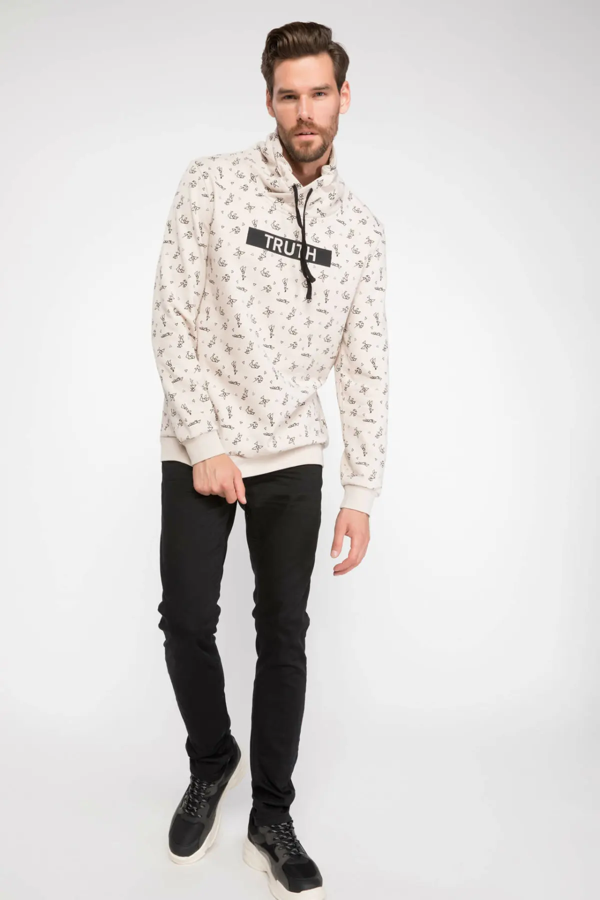 DeFacto мужской осенний белый комбинезон с капюшоном повседневный геометрический