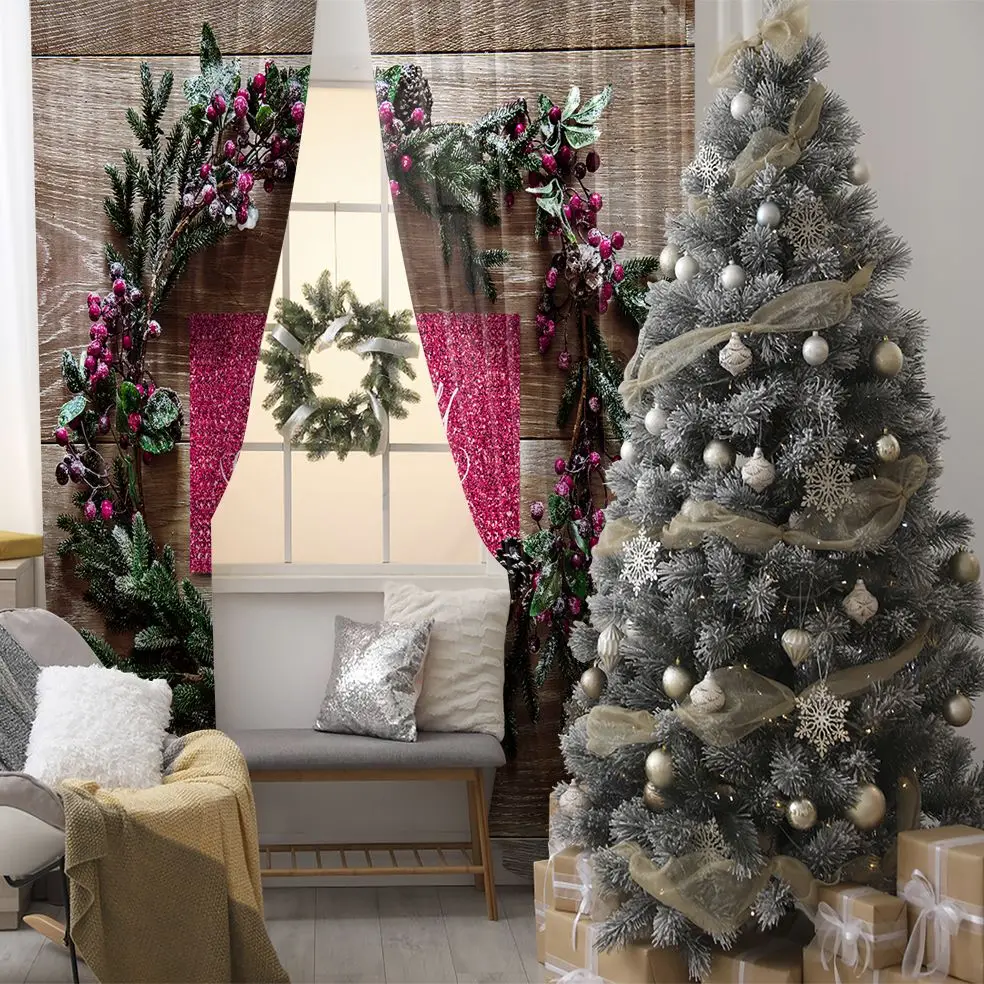 

Curtain Garland With Pine Tree Branches Cones And Berries On Wooden Table Merry Christmas Decoration Photo Fuchsia Green Brown