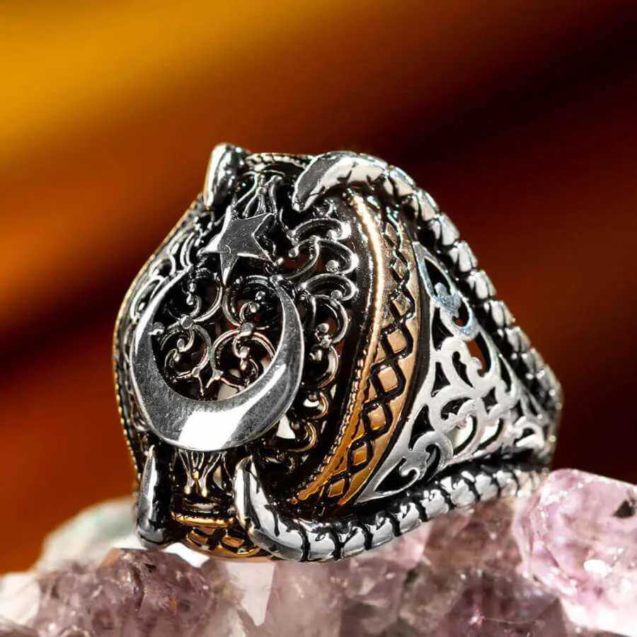 

Moon Star Claw Ottoman Pattern Vintage Handmade 925 Sterling Silver Men's Ring Detailed Turkish Jewelry Quality Stylish Design