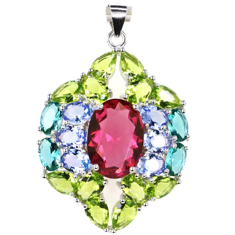 

40x27mm 5.6g Real 925 Solid Sterling Silver Pendant Multi Color Created Aquamarine Green Emerald Dating Eye Catching
