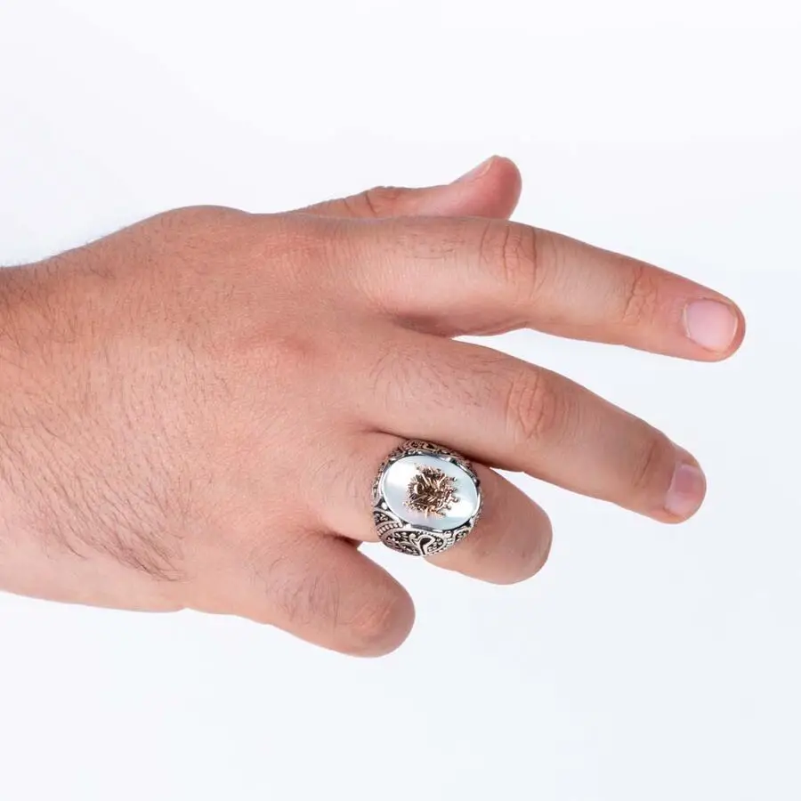 Ottoman Coat of Arms Mother White Pearl Stone 925 Sterling Silver Ring for Men ring | Украшения и аксессуары