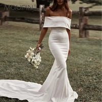 mqupin off the shoulder wedding dress mermaid bride gowns 2022 simple soft satin backless boat neck women robes train tail a92