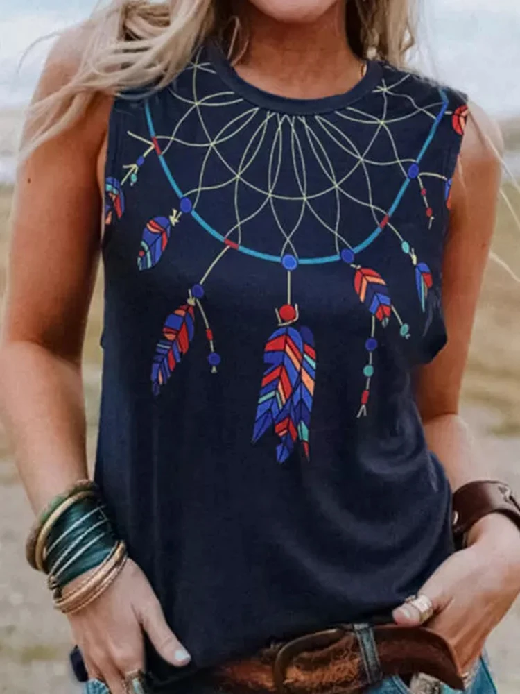 

Майка женская с круглым вырезом, модная тенниска без рукавов, майка в стиле Ловца снов с перьями, Повседневная Уличная одежда, на лето