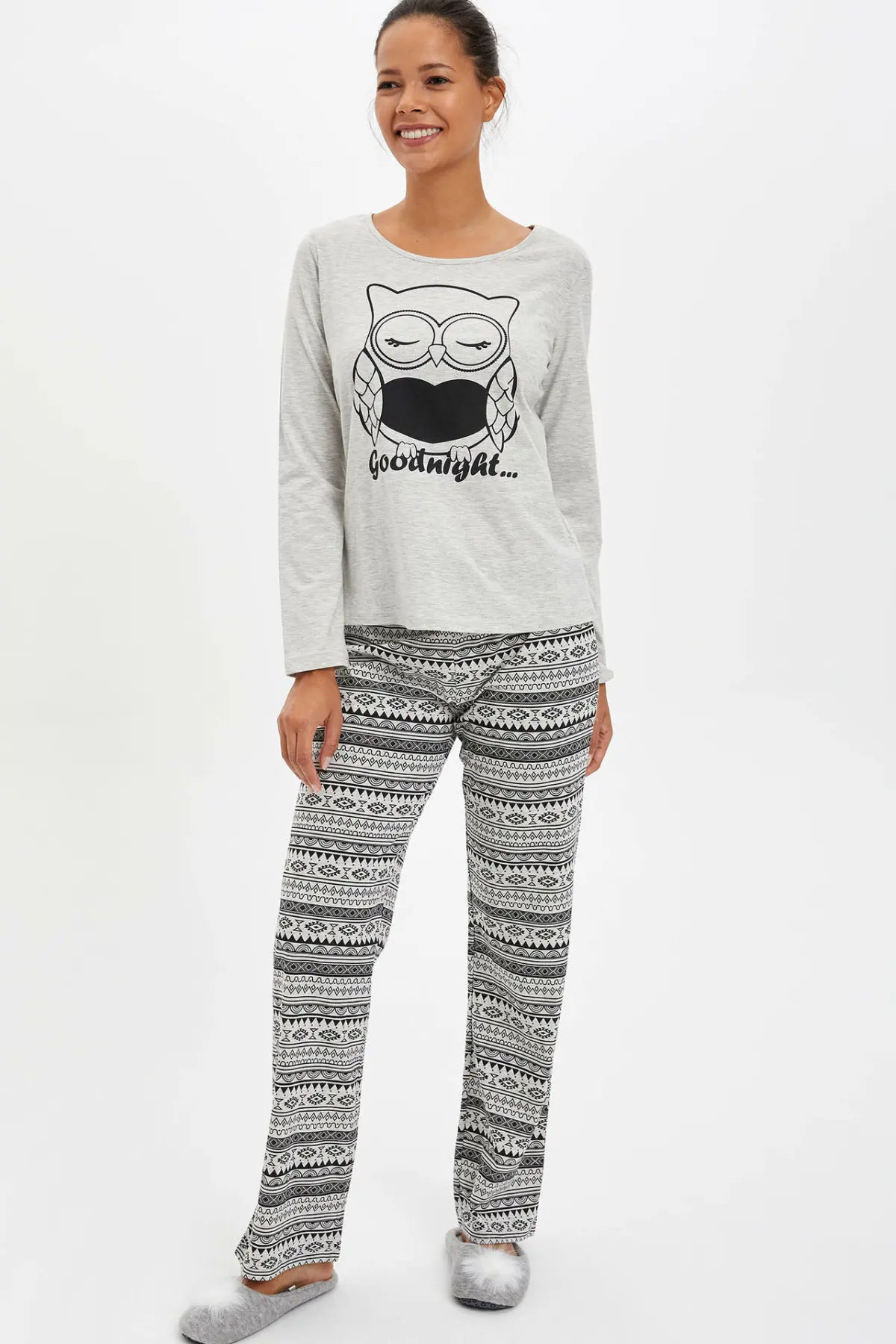 Дефакто Женский Повседневный светильник серый хлопок пижамный комплект для