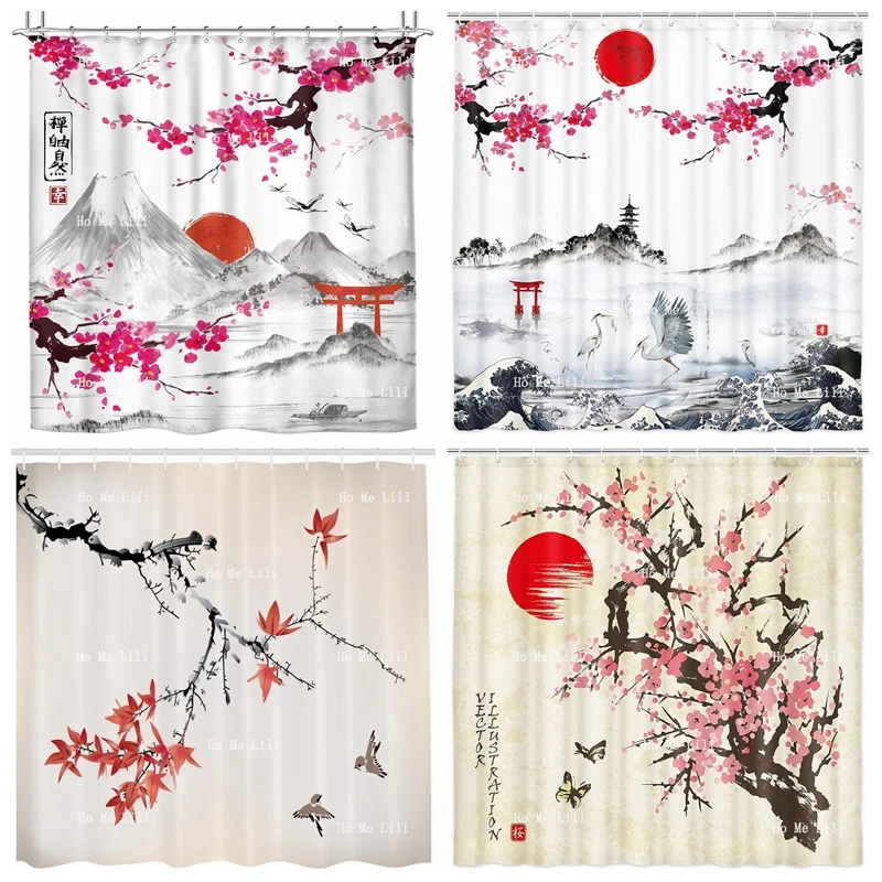 

Asian Anime Mountain Fuji Cherry Blossoms Red Sun Kanagawa Great Wave Sakura Tree Branches Romantic Spring Shower Curtain