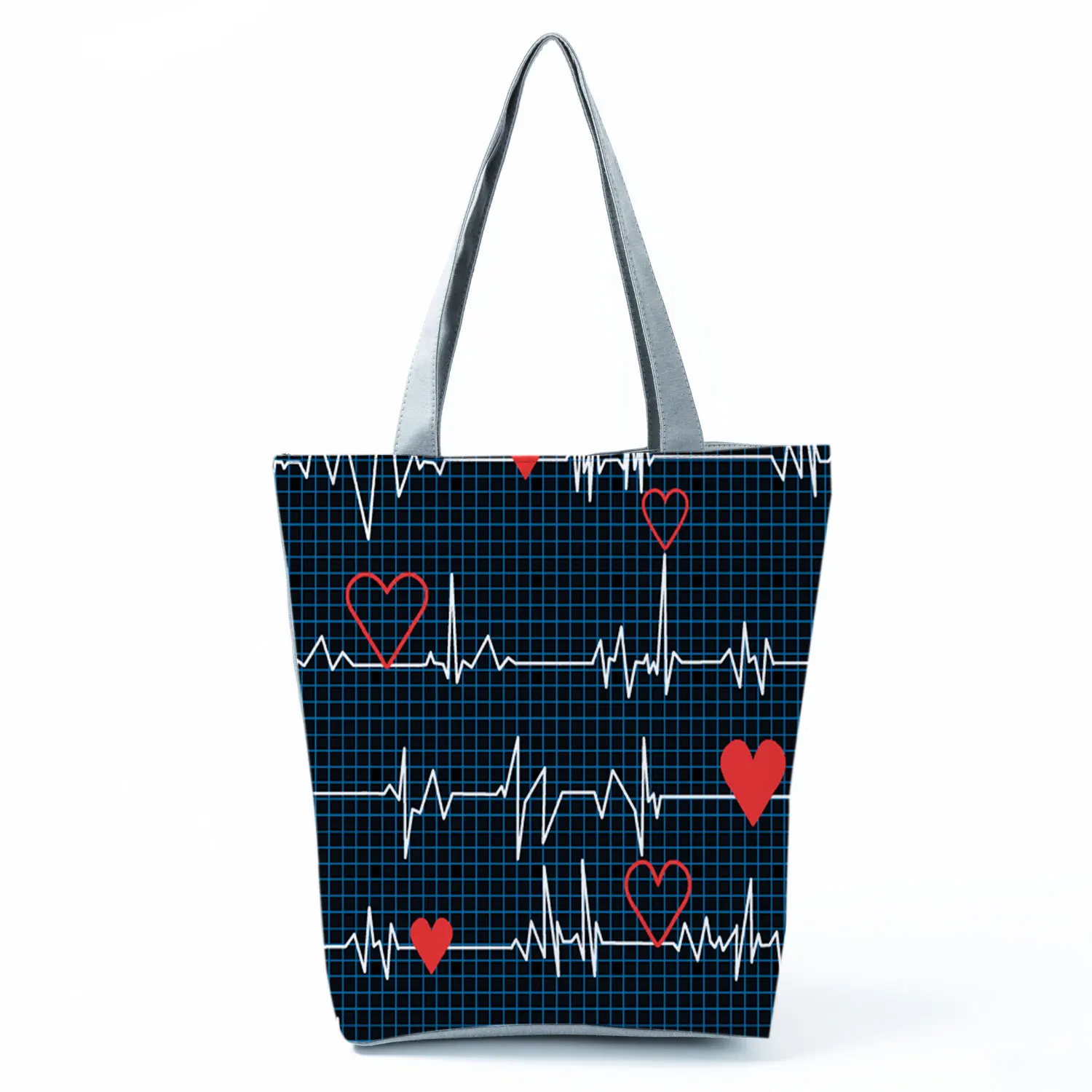 

Grid ECG Printed Handbags New Fashion Shoulder Bag Simple Eco Friendly Tote Female High Capacity Shopping Bag Portable Beach Bag