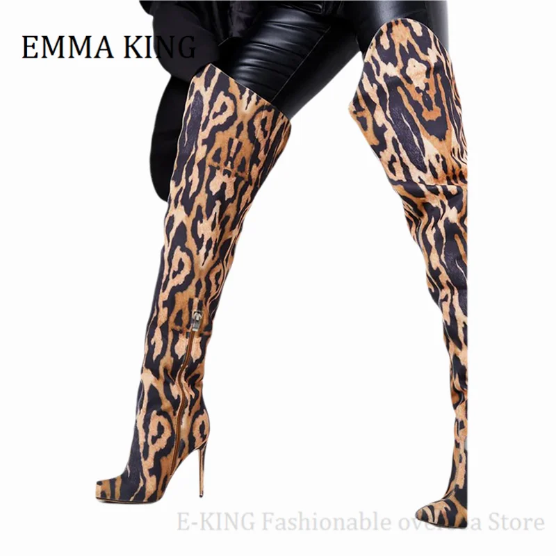 Женские ботфорты с леопардовым принтом привлекательные высокие сапоги на