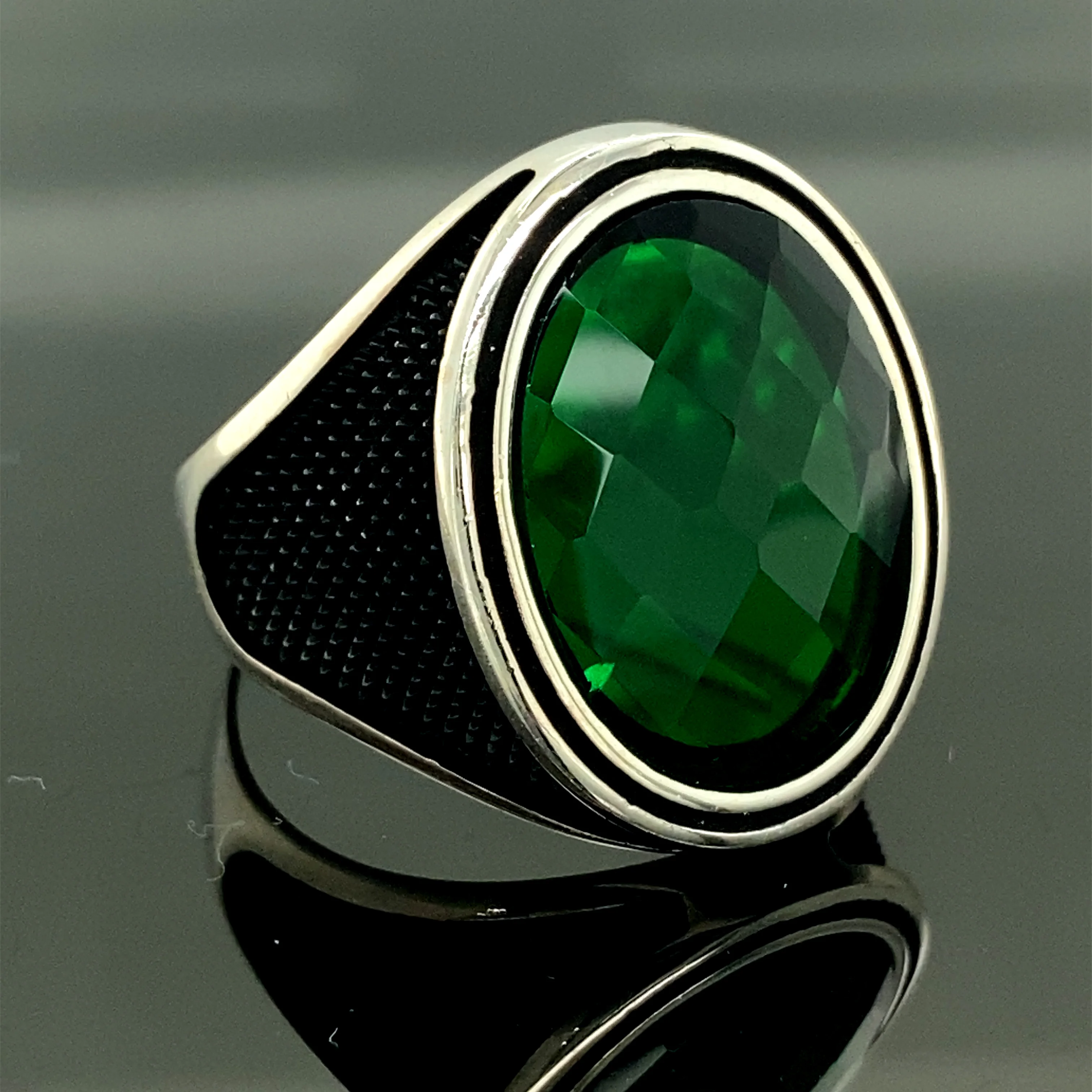 Silver Green Emerald Stone Men's Ring, Turkish Made Men's Ring, Ottoman Style Special for Men.