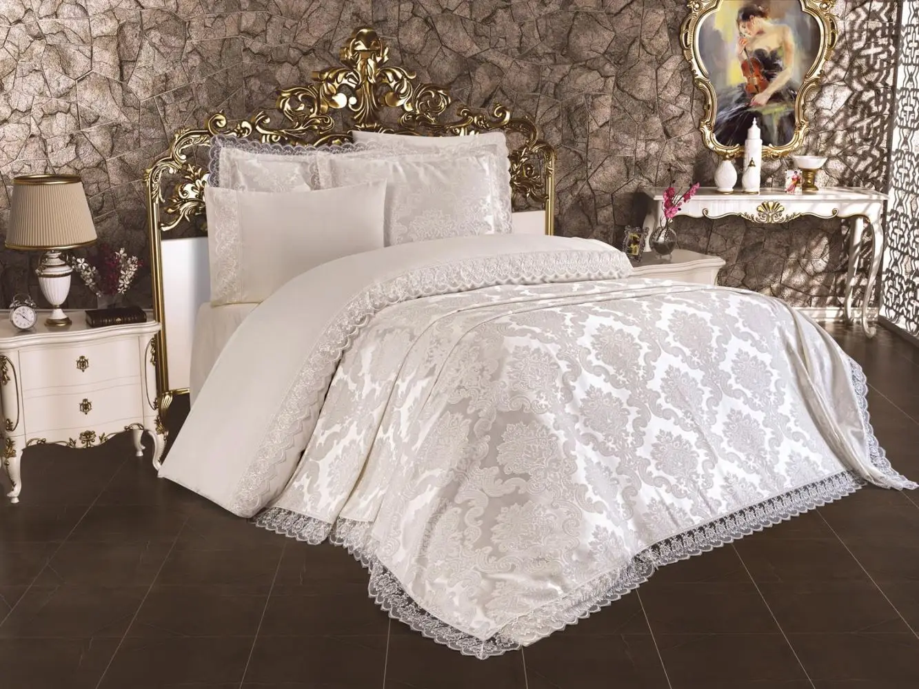 Luxury High-end 100% cotton quilt king size duvet queen ottoman turkey Izmir pattern natural cotton elegant lace bride groom