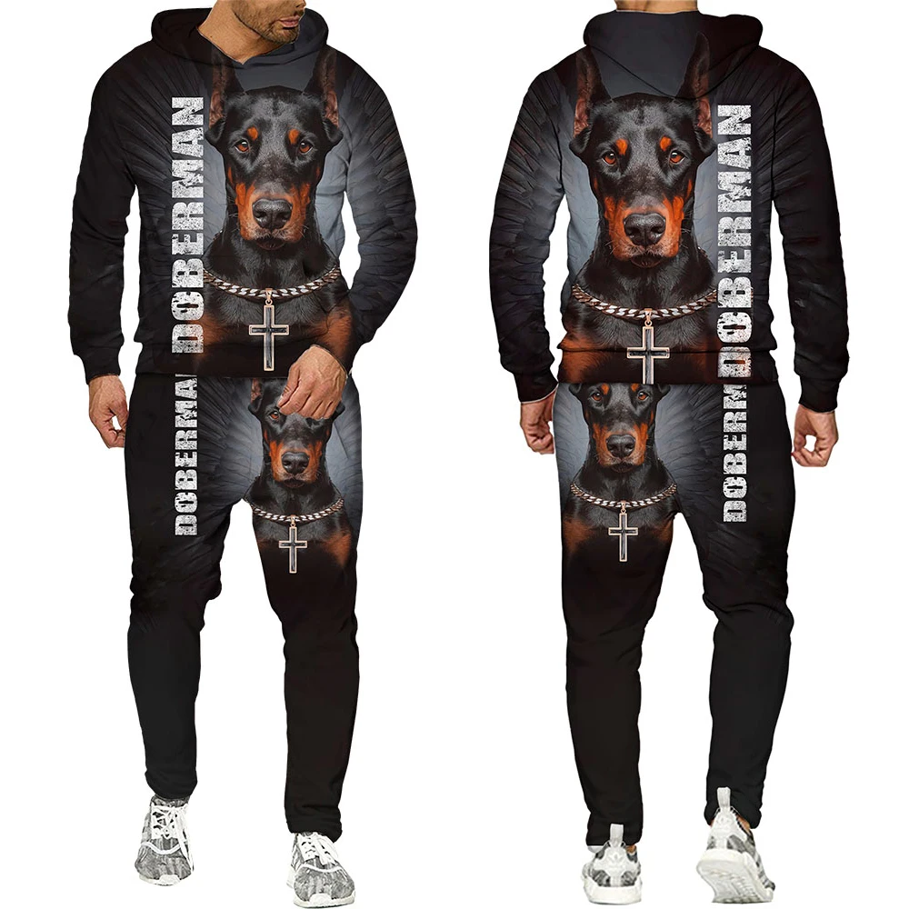 

Cool 3D Doberman Dog Printed Hoodies Pants Suits Fashion Mens Casual Pullover Sweatshirts Set