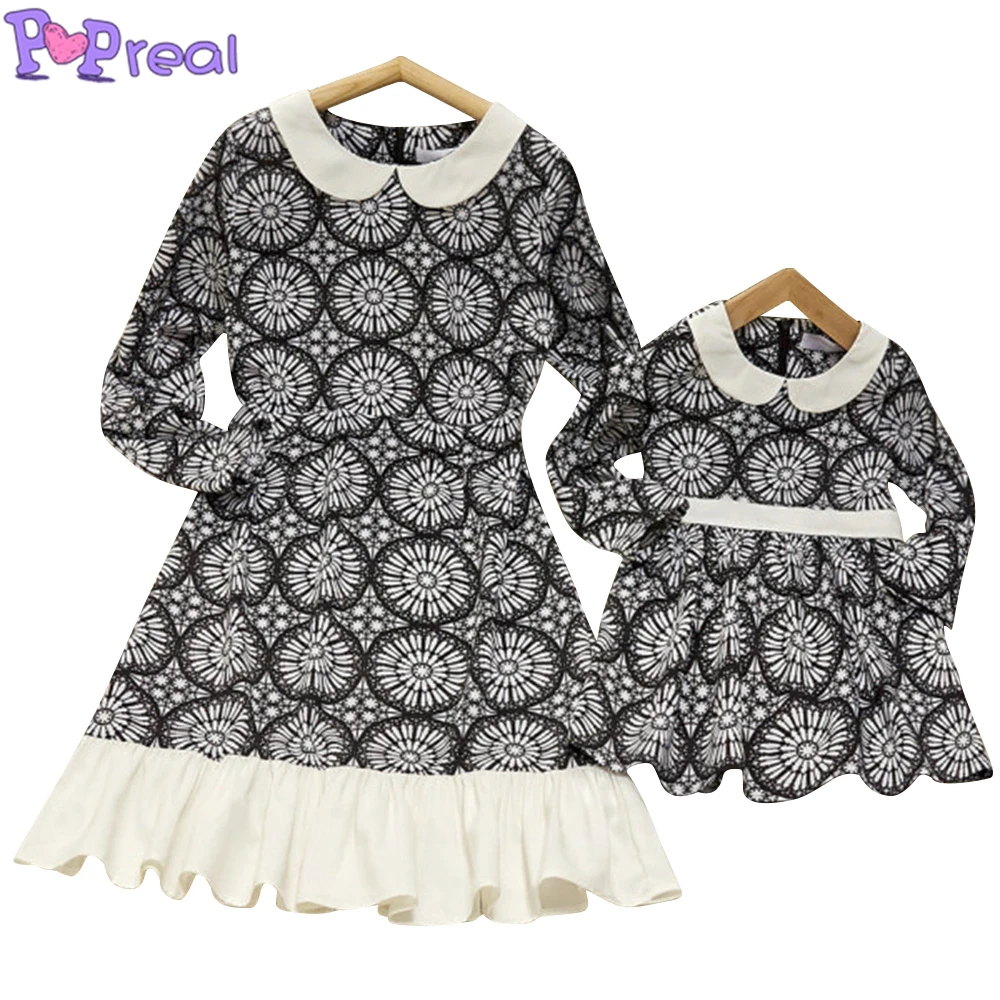 

PopReal Autumn Mom And Daughter Dress Fashion Print Ruffle Patchwork Long Sleeve Lapel Dress Mother Kids Family Matching Outfits
