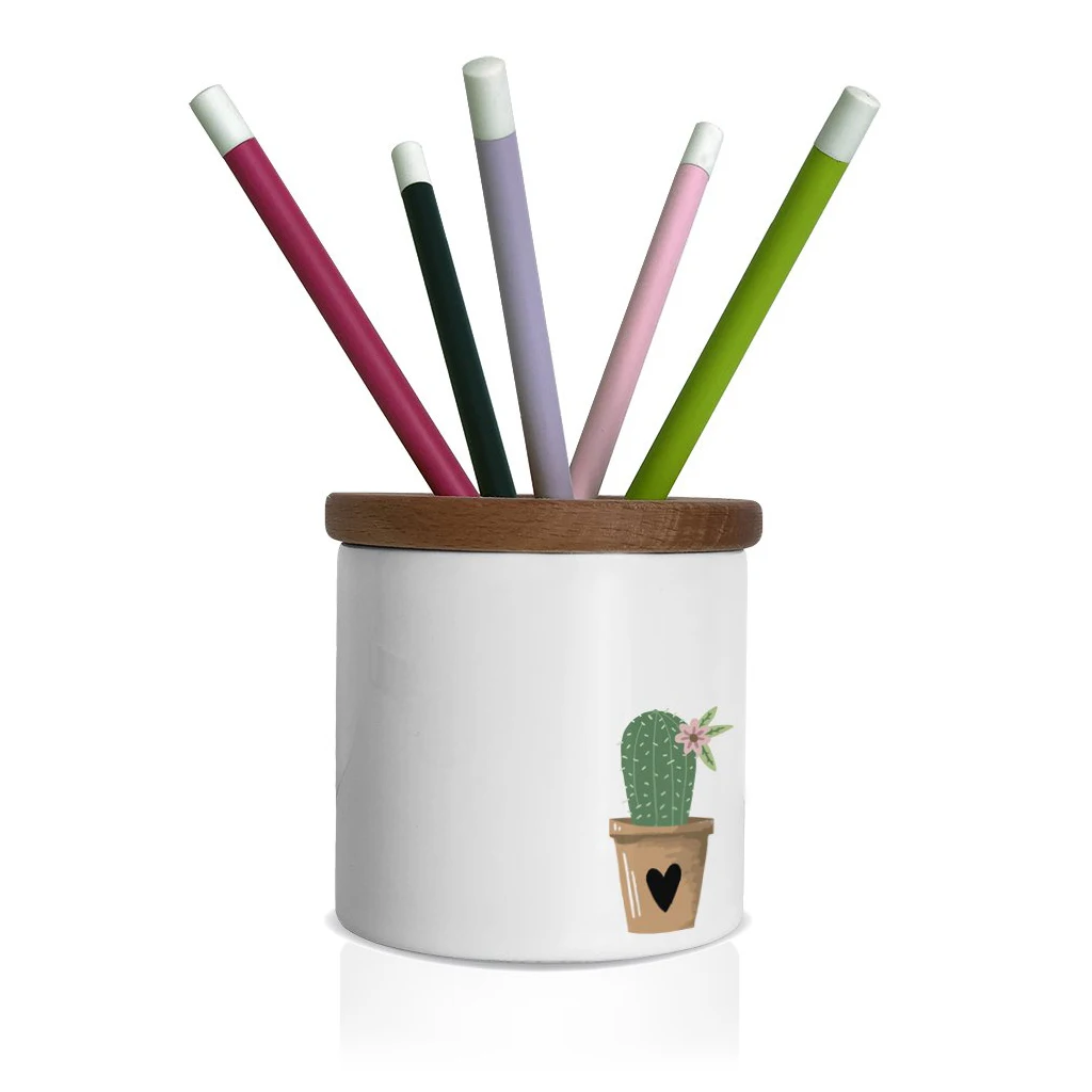 

Custog Pen/Pencil Holder For Desk Organizer With Wooden Cover Office Desk Accessories Cactus