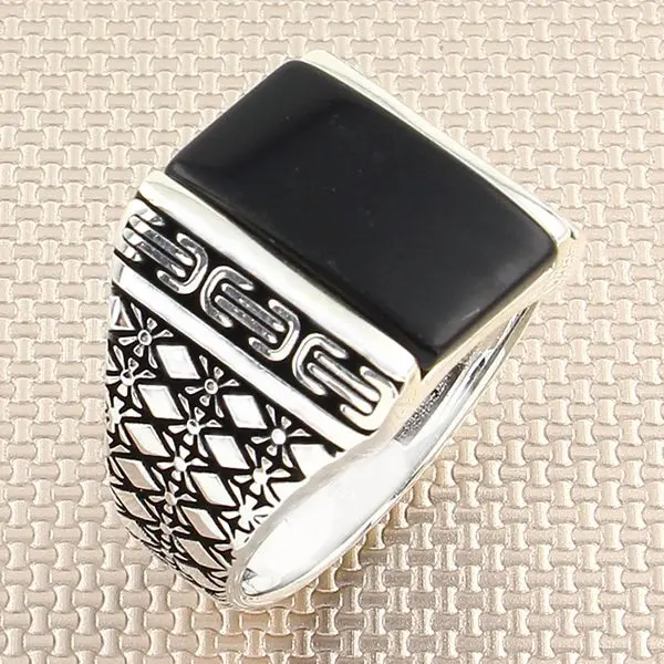 

Мужское серебряное кольцо с квадратным черным ониксом, Сделано в Турции