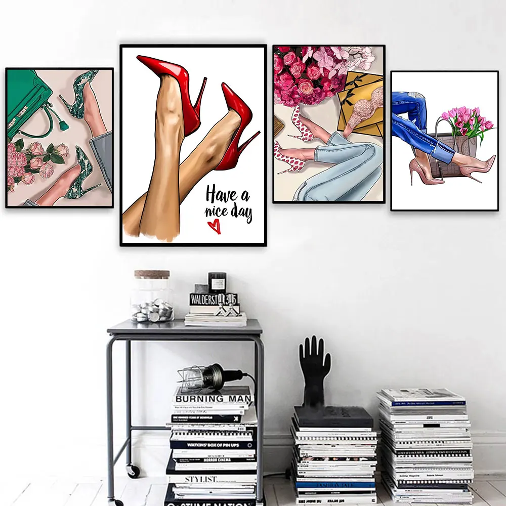 

Fashion High Heel Shoes Style Canvas Poster Have a Nice Day Quotes Nordic Decoration Flower Wall Art Print Painting Home Decor