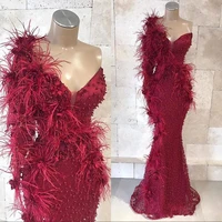luxury burgundy mermaid evening dress one shoulder evening gown 2019 feathers beaded robe de soiree long dresses evening