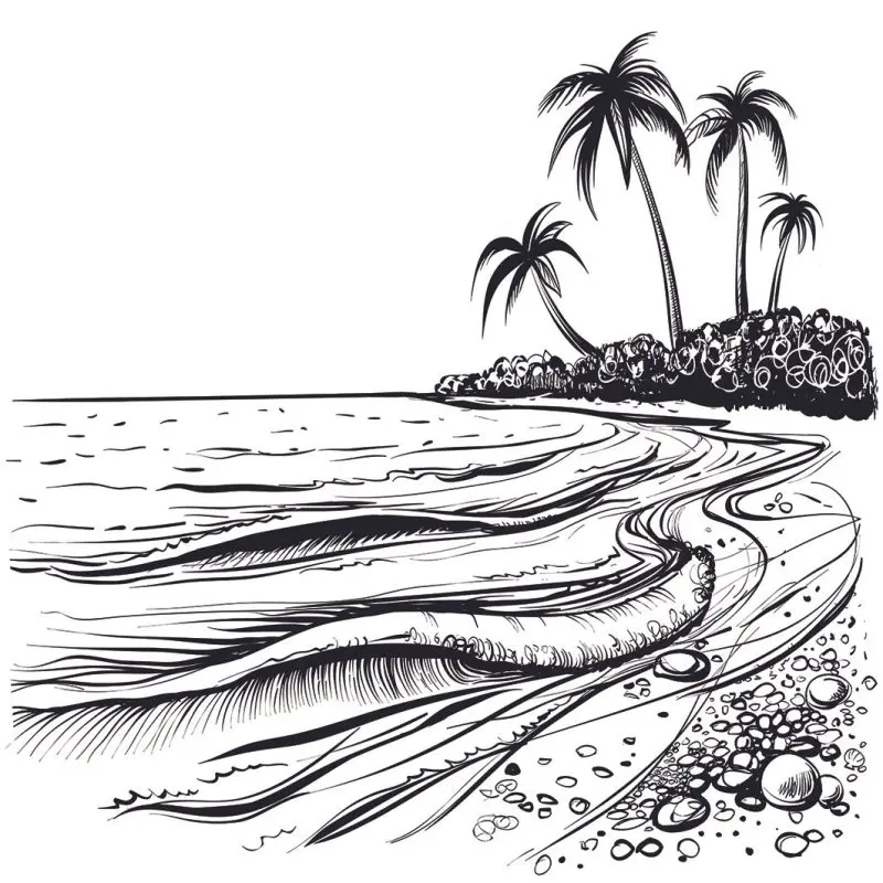 

Curtain with Sea Shore Waves and Palm Trees Seaside View Illustration Black and White Sketch Style Artwork Printed