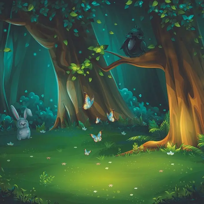 Занавес с лесными деревьями падающими листьями кроликами бабочками и вороной в