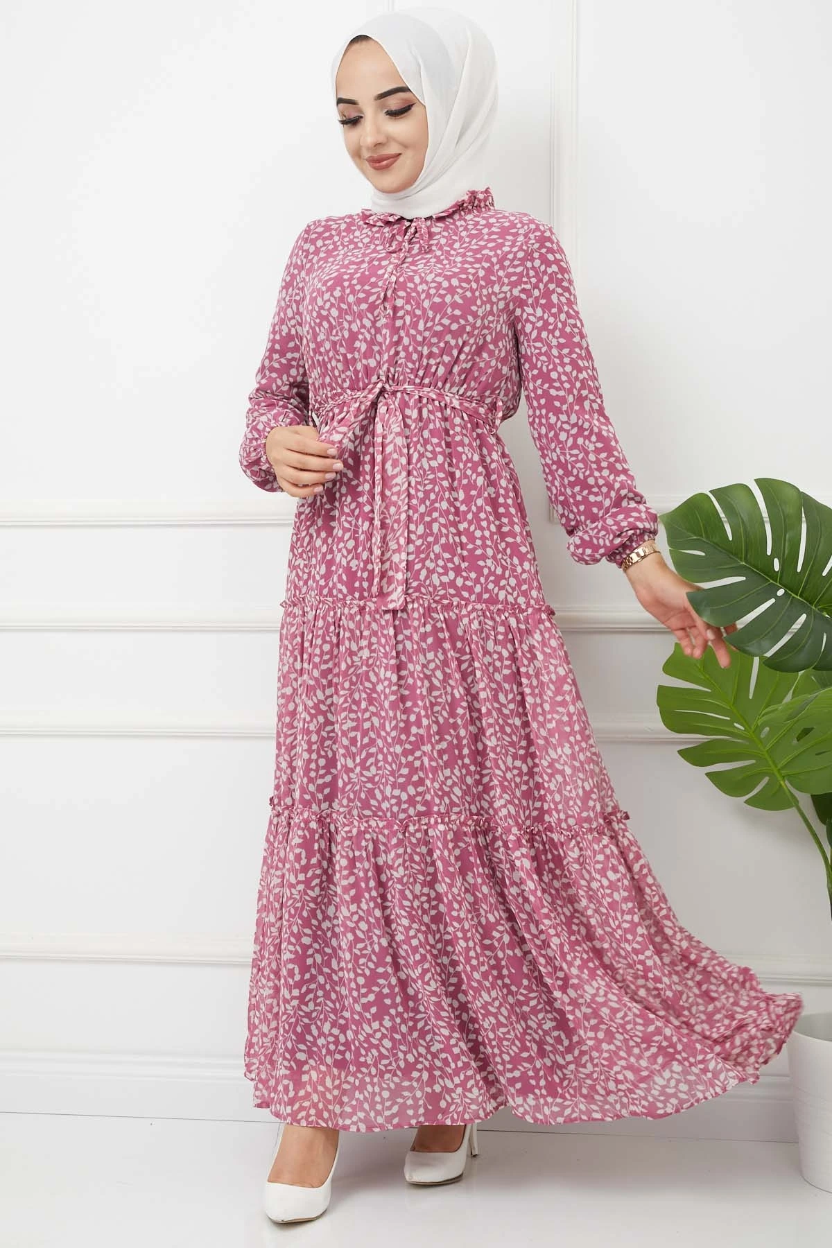 Женское шифоновое платье с вырезом, длинное платье со шнуровкой и принтом в виде листьев, стильное современное повседневное мусульманское ...