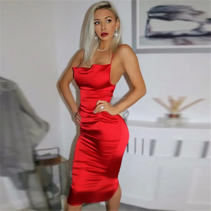 

Neon Satin Backless Dresses Women Bodycon Long Midi Vintage Lace Up Elegant Party Outfits Sexy Club Clothes Vestido Dress Summer
