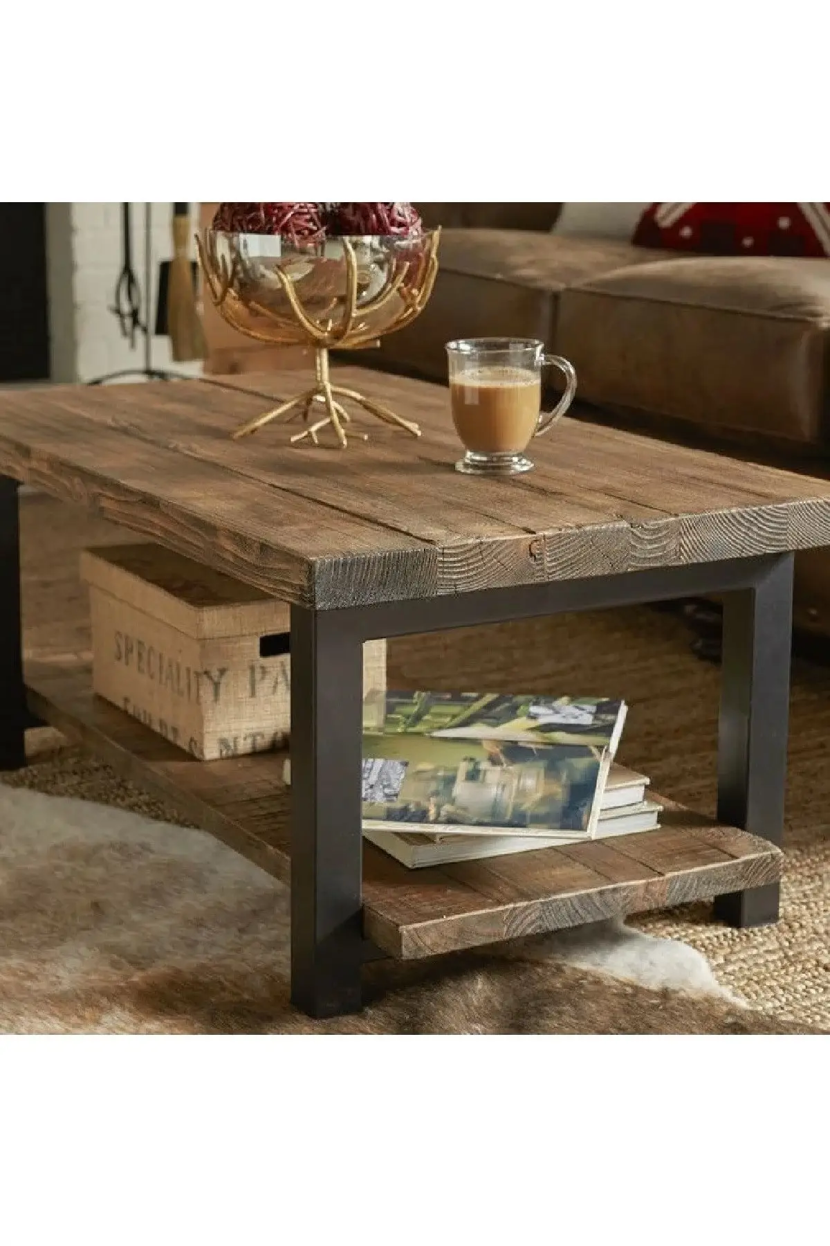 

Деревянный натуральный журнальный столик WorldWooden из массива дерева с железной рамой дизайнерский журнальный столик