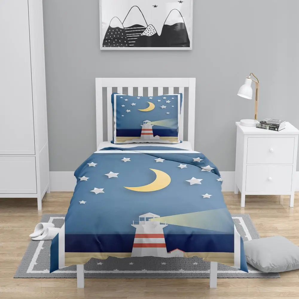 Else 4 Pcs Sea Light house Moon Stars Designs 3D Print Cotton Satin Chidren Kids Duvet Cover Bedding Set Pillow Case Bed Sheet | Дом и сад
