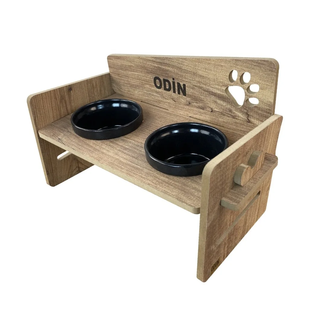 

Personalized Custom Name Raised Pet Bowl for Cats and Small Dogs 2 Adjustable Wooden Elevated Feeder Stand with 2 Ceramic Dishes