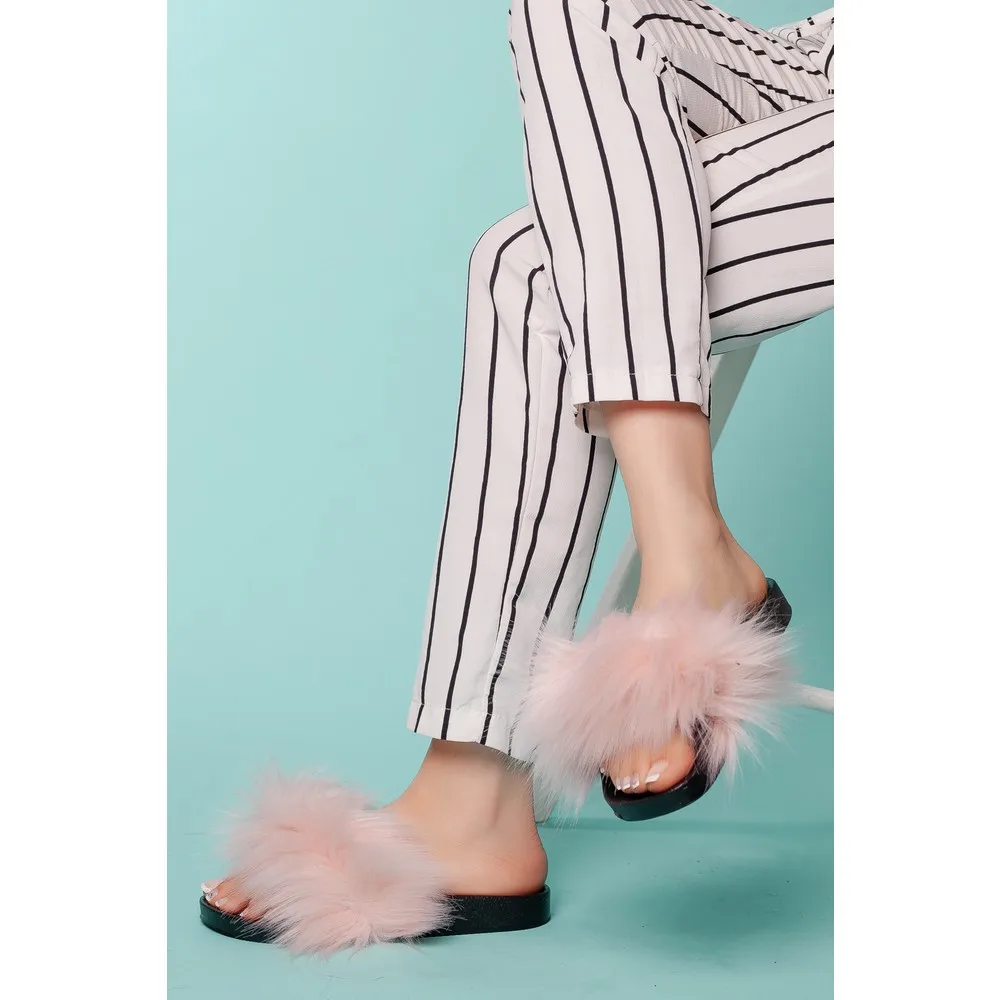 Women House Slippers Faux Fur Fashion Warm Shoes Woman Slip on Flats Female Slides Black Pink cozy home furry slippers sun
