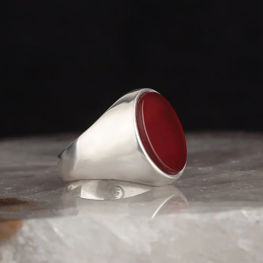 

925 Sterling Silver Signet Ring with Round Raw Red Agate Gemstone For Men Handmade Vintage Ring Made in Turkey
