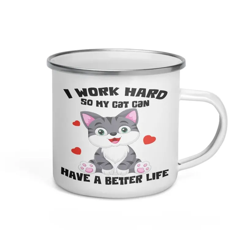 

Cat Printed Mug Custom Enamel Cup Handmade DIY Home Water Coffee Mugs Handle Drinkware Personalized Gift for Family's Friends