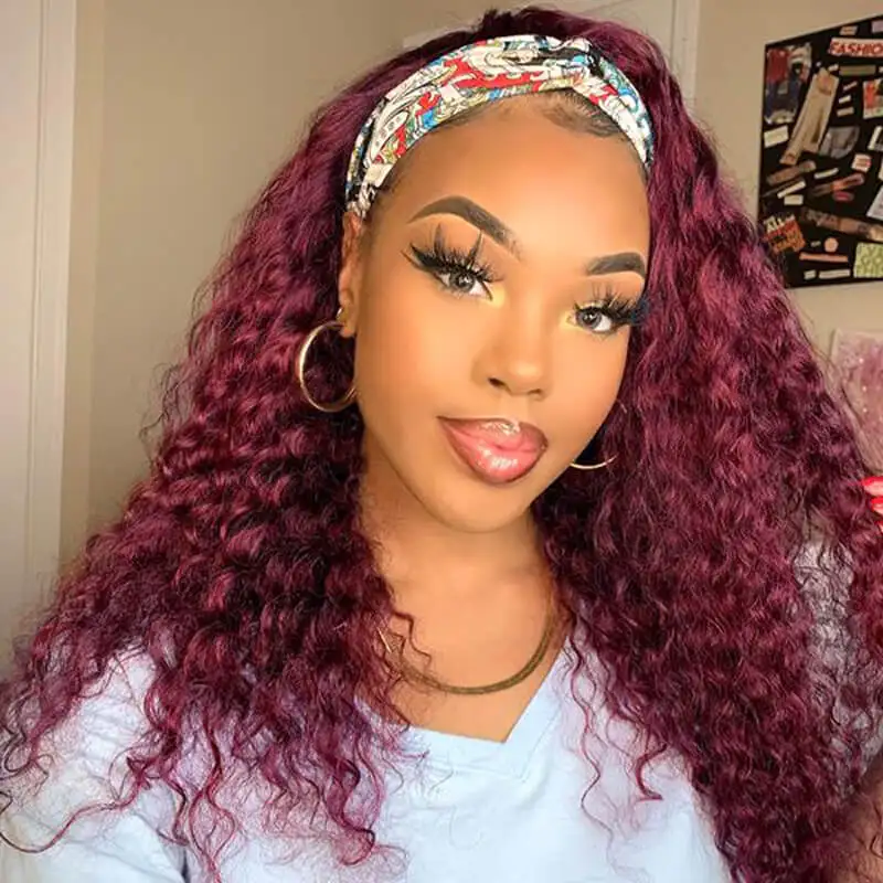 99j Burgundy Headband Wig Curly Human Hair Wigs For Black Women Brazilian Colored Deep Wave With HeadBand | Шиньоны и парики