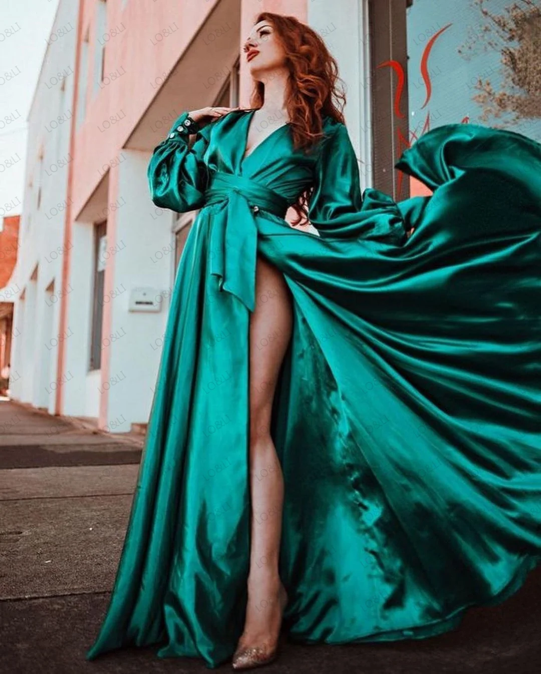 Зимняя женская шелковая атласная пижама LO &amp LI Зеленое Длинное напольное платье