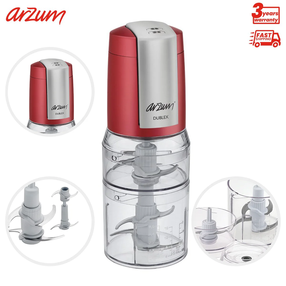 Arzum Duplex Twin Beam Chopper Electric Kitchen Appliances Automatic Double-Deck Stainless Steel Chopping Knives