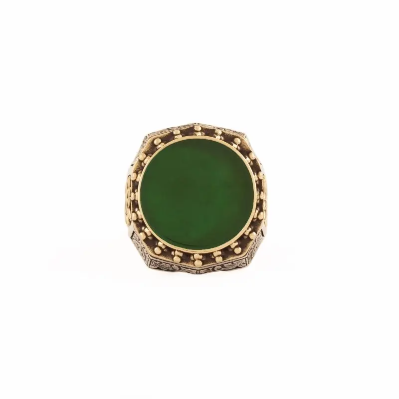 

925 Sterling Green Agate Stone Engraved Ivy Model Silver Ring Fashion Turkish Premium Quality Handmade Jawelery