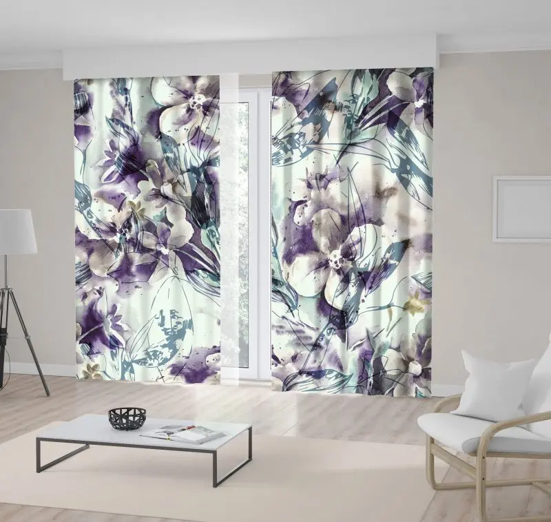 

Curtain Flowers Abstract Floral Pattern on Grunge Background Modern Artwork Purple Blue